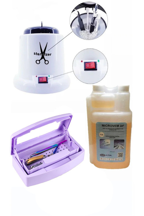 ELLEA NAIL 100 W Sterılızasyon Makinesi Ve Microvem Dezenfektan Sıvı 1 Lt Asansörlü Steril Kutusu S