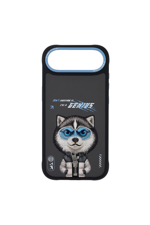 iPhone 17 Air Uyumlu Gözlük Fermuar Husky Köpek Detaylı Nakış İşlemeli Kabartma Cool Cute Kılıf