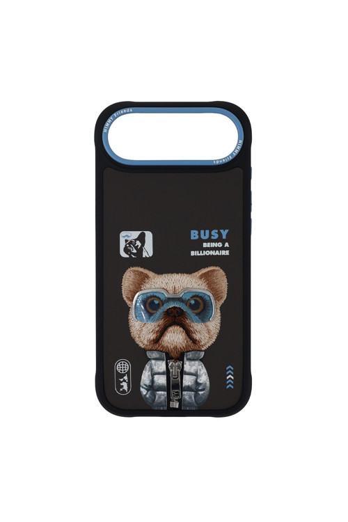 iPhone 17 Air Uyumlu Gözlük Fermuar Rich Köpek Detaylı Nakış İşlemeli Kabartmalı Cool Cute Kılıf
