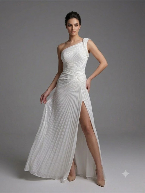 Tek Omuz Drape Detaylı Yırtmaçlı Abiye 9558