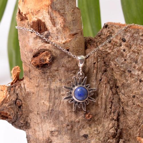 Güneş Şeklinde Lapis Lazuli Taşı Gümüş Kolye - Küçük Boy