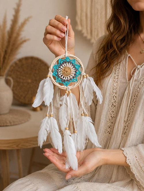 Mini Düş Kapanı Bambu Dream Catcher Bohem Duvar Süsü 9 cm Çap 40 cm Uzunluk El Yapımı Dekor
