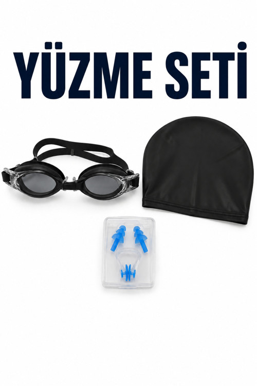 Yüzme Seti Siyah Gözlük Bone Kulak Tıkacı Burun Klipsi 4 Parça