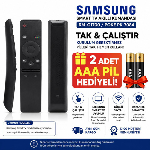 Samsung Smart TV Akıllı Kumandası Universal RM-G1700 Poke PK-7084 Tak & Çalıştır 2 Adet AAA Pil Hediyeli
