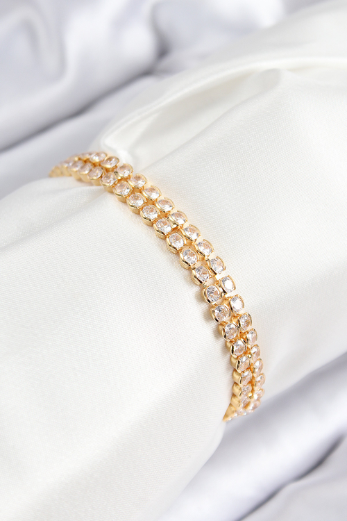 Pirinç Zirkon Taşlı Çift Sıra Model Gold Renk Asansörlü Kadın Bileklik 5886 - HEPIDE8693-35