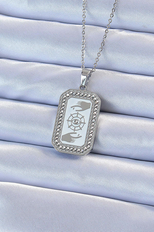 316L Çelik Zincir Gümüş Renk Mineli Zirkon Taşlı Göz Figür Tarot Kolye 5886 - HEPIDE2259-99