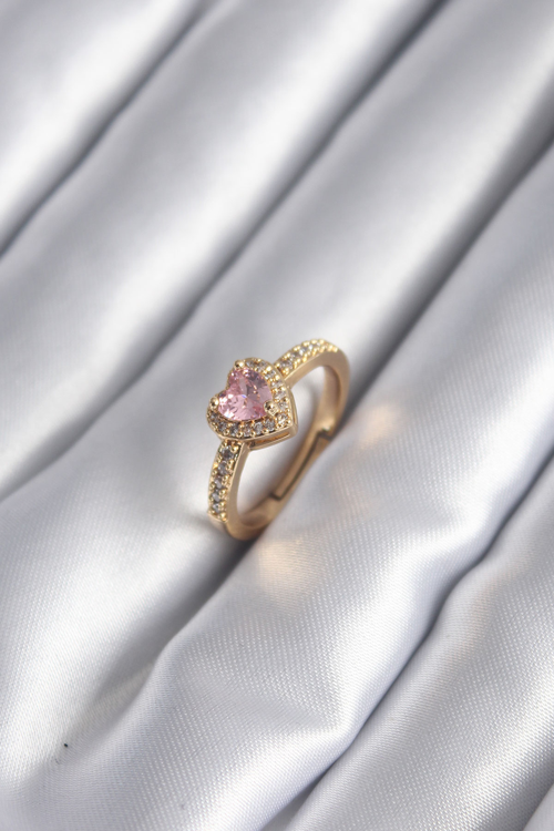 Pirinç Gold Renk Pembe Zirkon Taş Kalp Charm Model Kadın Yüzük 5886 - HEPIDE8014-4896