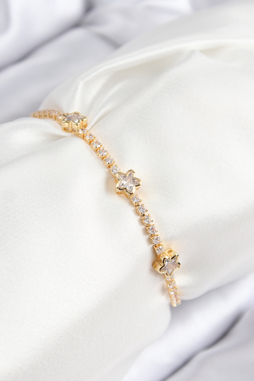 Pirinç Zirkon Taşlı Yıldız Model Gold Renk Asansörlü Kadın Bileklik 5886 - HEPIDE4829-8195