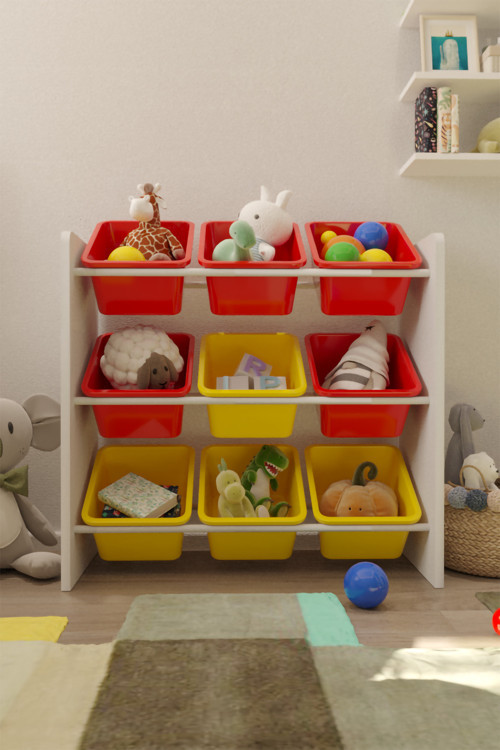 9 Sepetli Kırmızı Ve Sarı Oyuncak Dolabı, Çok Amaçlı Dolap, Montessori Dolap