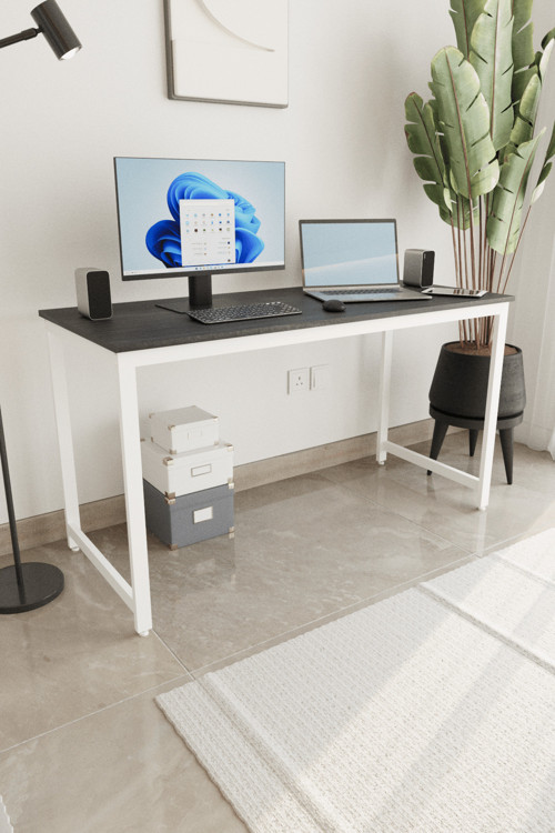 Siyah/Beyaz 140X60 Çalışma Masası, Bilgisayar Masası, Ofis Masası, Metal Ayaklı