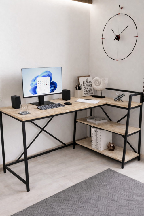 Merkür Renk Raflı Çift Yöne Uygun, Bilgisayar Masası, Ofis Masası, Çizim Masası, L Masa