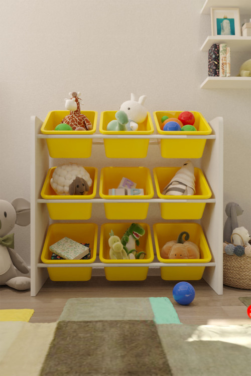 9 Sepetli Sarı Oyuncak Dolabı, Çok Amaçlı Dolap, Montessori Dolap