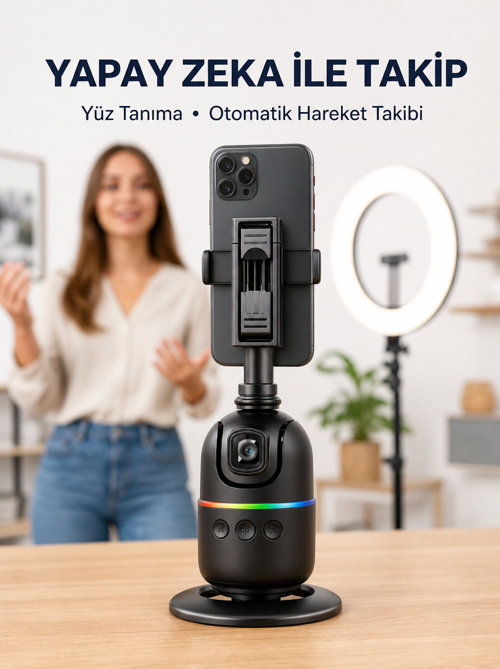 tekno Telefon ve Kamera Uyumlu 360° Otomatik Takipli Akıllı Masa Tripodu Yeni Nesil 2026