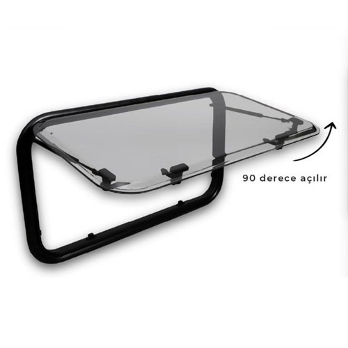 Amortisörlü Karavan Penceresi & Karavan Camı 90x45 cm 90° açılır (Beyaz) Perde-Sineklik Dahil
