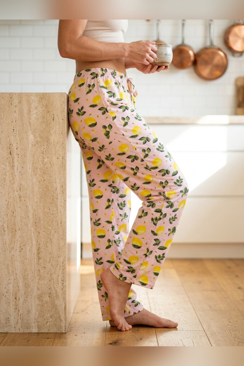 Kadın Tek Alt Pijama Büyük Beden Milan Kumaş Lastikli Bel Bağcıklı Sarı Limon Desenli Homewear Ev Gi