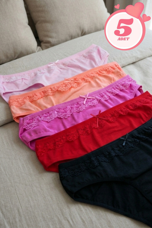 Kadın 5'li Paket Dantel Detaylı Pamuklu Bikini Külot Esnek İz Yapmaz Yumuşak İç Çamaşırı