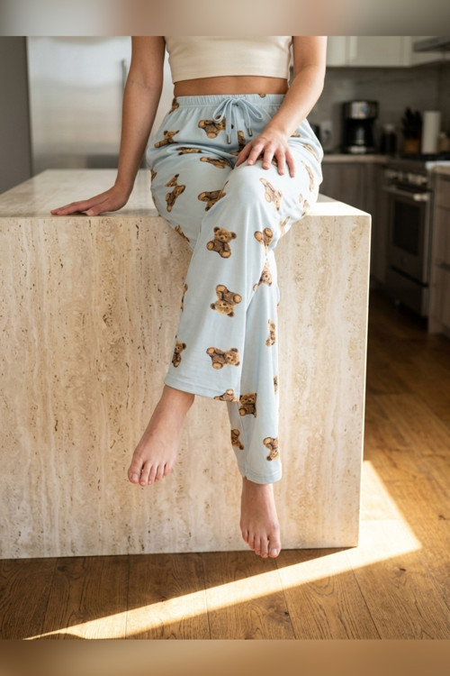 Kadın Tek Alt Pijama Büyük Beden Milan Kumaş Lastikli Bel Bağcıklı Mavi Ayıcık Desenli Homewear Ev G
