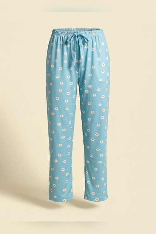 Kadın Tek Alt Pijama Büyük Beden Milan Kumaş Lastikli Bel Bağcıklı Mavi Papatya Desenli Homewear Ev