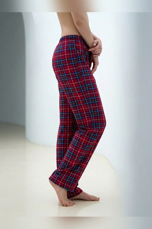 Kadın Tek Alt Pijama Büyük Beden Milan Kumaş Lastikli Bel Bağcıklı Mavi Kırmızı Ekoseli Homewear Ev