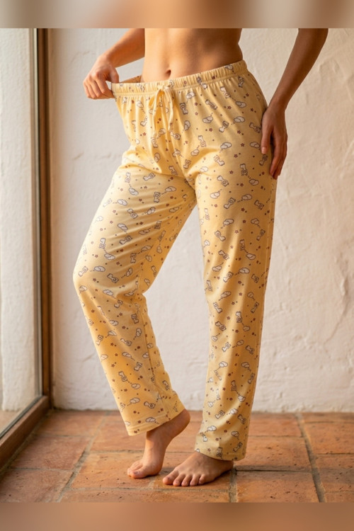Kadın Tek Alt Pijama Büyük Beden Milan Kumaş Lastikli Bel Bağcıklı Sarı Bulut Desenli Homewear Ev Gi