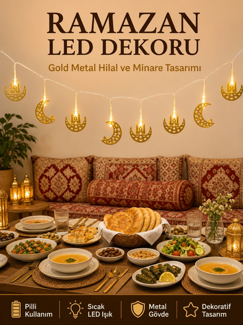 zentya4516 Mey İthalat® Minareli Hilal LED Işık Gold Metal Gövdeli Pilli Ramazan Dekoru zd4526
