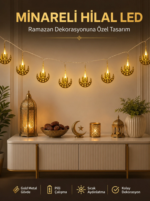 zentya4516 Mey İthalat® Dekoratif Minareli Hilal LED Işık Metal Gövdeli Ramazan Aydınlatma zd4
