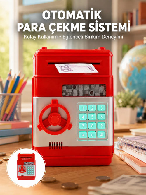 zentya4516 Mey İthalat® Kırmızı Şifreli ATM Kasa Para Yutan Kumbara zd4526