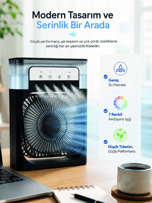zentya4516 Mey İthalat® Masaüstü Püskürtmeli Serinletici Fan 5 Sisleme, 3 Fan Hızı, 7 Renk A