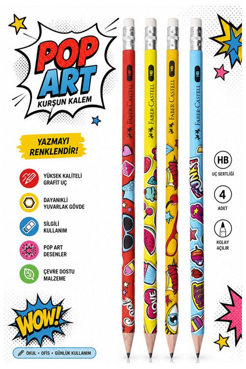 Popart Silgili Kurşun Kalem 4 Adet Faber Castell Yuvarlak Gövdeli Siyah Kurşun Kalem Yumuşak Yazım Kolay Tutuş Kalite