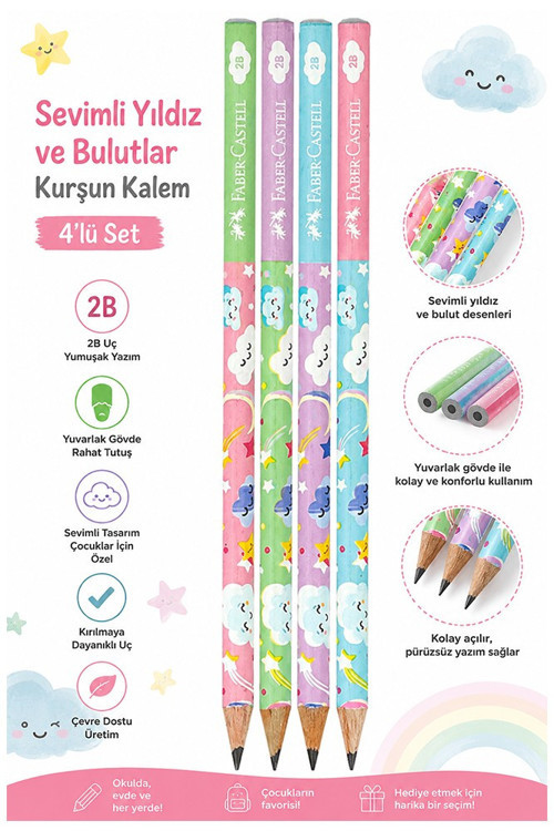 Sevimli Bulutlar Kurşun Kalem 4 Adet Faber Castell Yuvarlak Gövdeli Siyah Kurşun Kalem Yumuşak Yazım Kolay Tutuş Kalite