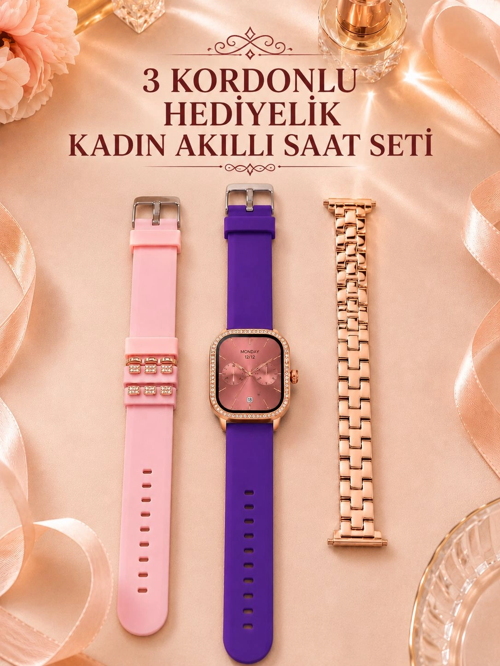 zentya4516 Mey İthalat® 3 Kordonlu Rose Gold Kasalı Kadın Akıllı Saat Seti zd4526
