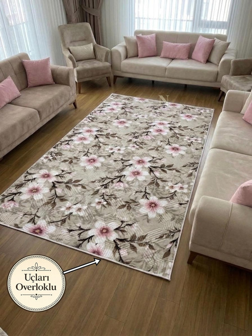 Krem Pembe Çiçekli Kabartmalı Yıkanabilir Kaymaz Taban Kesme Yolluk Salon Halısı Mutfak Halısı