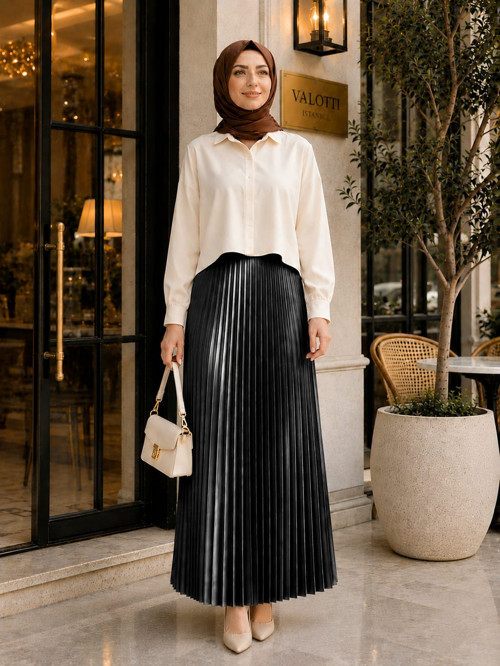 Lamine Denye Piliseli Etek | 90 cm | Standart Beden (38-44 Uyumlu)