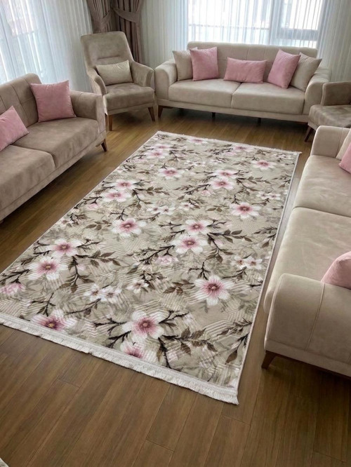 Pembe Krem Saçaklı Çiçekli Kabartmalı Yıkanabilir Kaymaz Taban Kesme Yolluk Salon Halısı