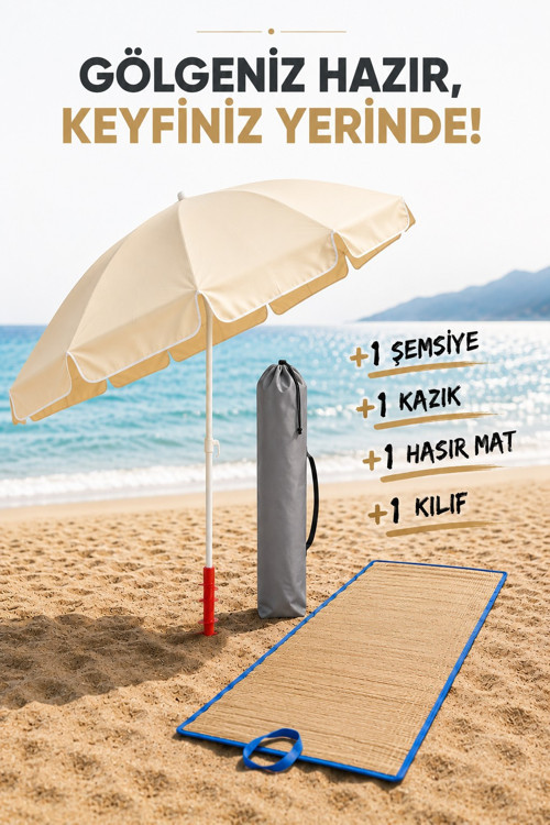 Kazık + Plaj Şemsiyesi + Kılıf + Hasır Mat, Gölgenin Keyfini Çıkart