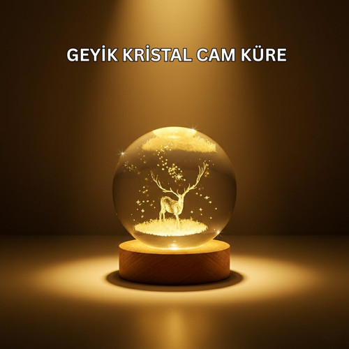 USB Bağlantılı Geyik Temalı Kristal Küre Premium Masa Gece Lambası - GGGGGG4745-9290