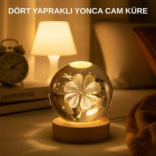 USB Bağlantılı Yonca Bitkili Cam Küre Ahşap Altlıklı Dekoratif Lamba - GGGGGG5198-6470