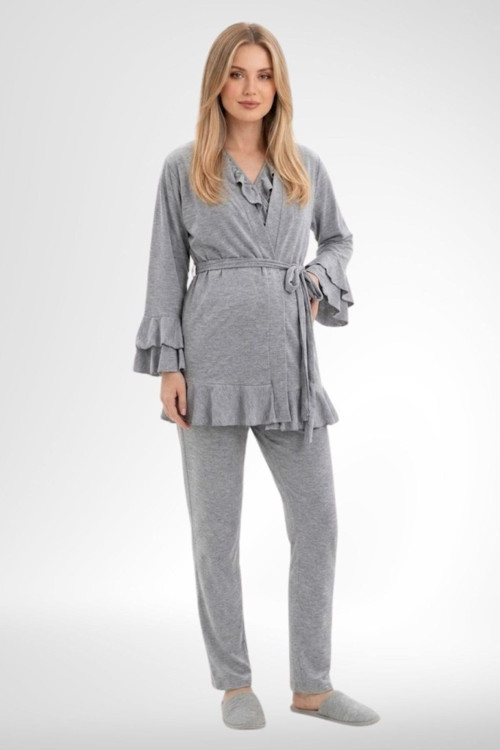 Mecit 6403 Gri Sabahlıklı Lohusa Pijama Takımı