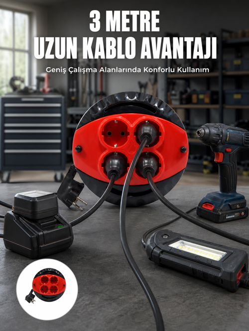 tekno 3 Metre Kablolu 4’lü Kırmızı Priz Makara 2026