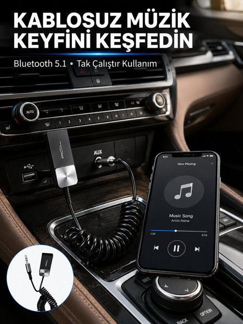 USB AUX Bluetooth Adaptörü Kablosuz Ses Aktarım Cihazı - SL0005-0CBIS3