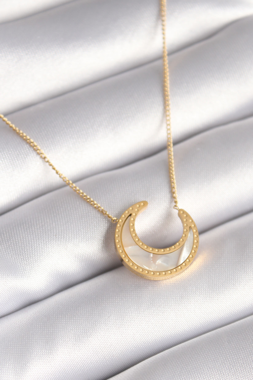 316L Çelik Gold Renk Beyaz Sedefli Hilal Model Kadın Kolye 5886 - HEPIDE9798-4998