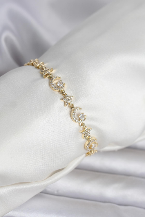 Pirinç Gold Renk Zirkon Taşlı Ay ve Yıldız Model Kadın Bileklik 5886 - HEPIDE3146-2628