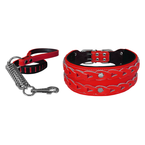 Elegance Deri İşlemeli Lüks Köpek Tasma Seti XL 7 cm*60-68 cm Kırmızı