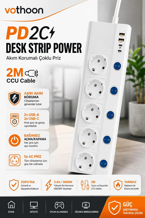 5'li Akım Korumalı Çoklu Priz 2 Metre Kablolu 3680W 16A 5 Anahtarlı 2USB-A 2 USB-C PD 20W Hızlı Ftr-