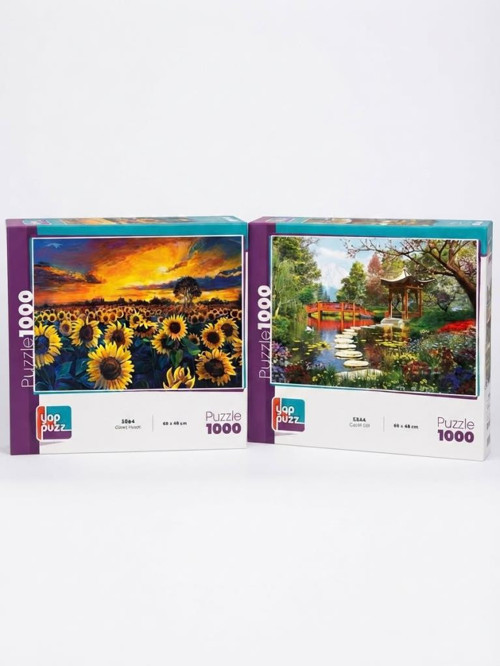 Güneş Hasatı ve Çiçekli Göl İkili Set - 2 x 1000 Parça Manzara İkili Puzzle Seti