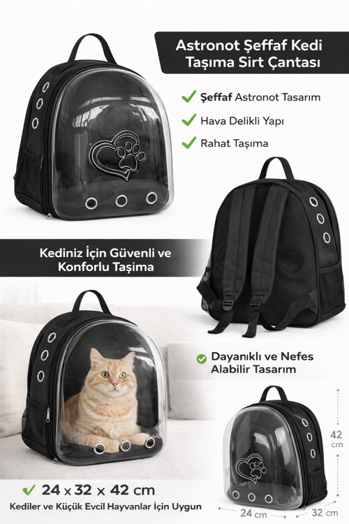 KP Kalpli Patili Astronot Şeffaf Taşıma Sırt Çantası Siyah 24x32x42 cm