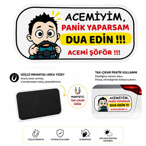 Acemi Şoför - Acemi Sürücü Magneti Tak Çıkar Manyetik Araba Bagaj Uyarı Levhası - Acemiyim Panik Yaparsa