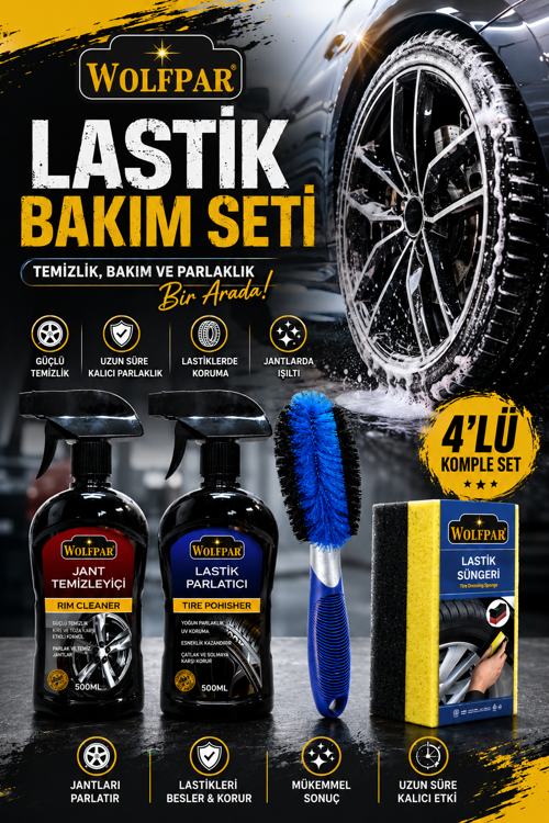 Lastik Bakım Seti (Jant Temizleyici + Jant Temizleme Fırçası + Lastik Parlatıcı + Lastik Süngeri)