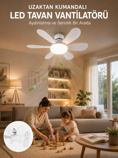 Tavan Vantilatörü Sessiz Motorlu Uzaktan Kumandalı LED Aydınlatma Güçlü Serin - SL0005-0CBQM