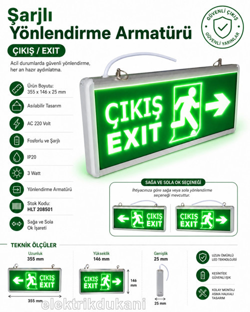 Exıt Çıkış Sağa - Sola Ok İşaretli Şarjlı Yönlendirme Armatürü Levhası 3w 220v IP20